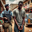 A Kenyan man in handcuffs, being escorted by a police officer The scene is set in an urban environment with typical Kenyan street background featurin