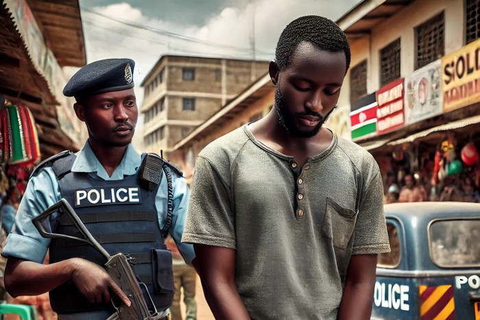 A Kenyan man in handcuffs, being escorted by a police officer The scene is set in an urban environment with typical Kenyan street background featurin