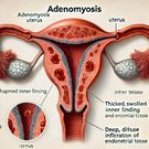A detailed medical illustration showing the effects of Adenomyosis on the uterus