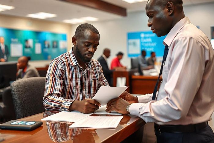 An AI generated image of a man applying for a loan at a bank