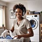 An AI-generated image of a woman doing laundry or cleaning her apartment, with a cheerful expression, possibly with headphones on, listening to music while she works (hotpot.ai)