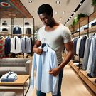 An AI-generated image of a Kenyan man in his 30s trying on new clothes in a modern clothing store