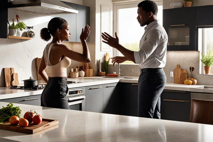 A landscape image of a black man hitting a woman in a modern kitchen