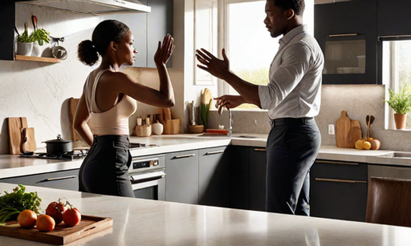 A landscape image of a black man hitting a woman in a modern kitchen
