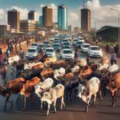 An AI-generated image depicting cows crossing a road in Nairobi, Kenya
