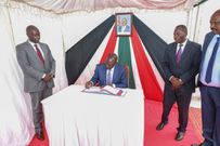 President William Ruto, Deputy President Rigathi Gachagua and Governor Jonathan Bii during the conferment of Eldoret City status