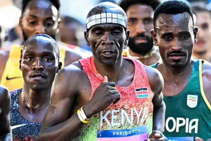 Eliud Kipchoge among other athletes at the Paris Olympics, August 10
