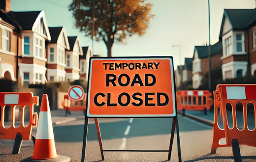 A road closed sign on a suburban street