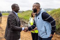 Mining Cabinet Secretary Hassan Joho shakes hands with President William Ruto as Kirinyaga Governor Anne Waiguru watching in the background