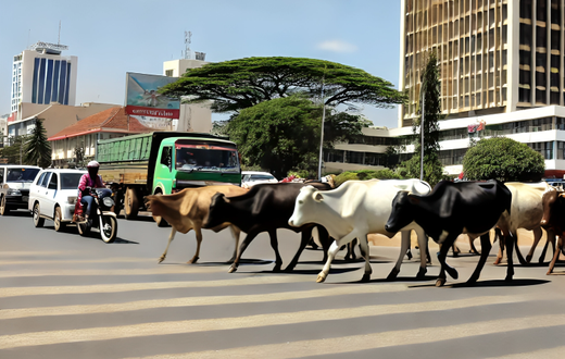 An AI-generated image depicting cows crossing a road in Nairobi, Kenya