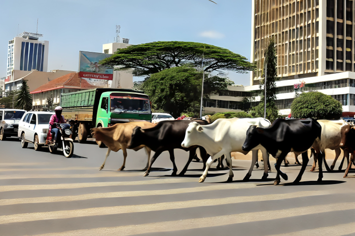 An AI-generated image depicting cows crossing a road in Nairobi, Kenya