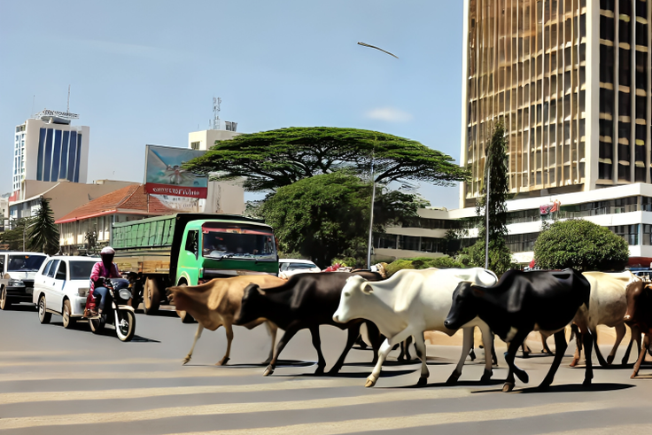 An AI-generated image depicting cows crossing a road in Nairobi, Kenya