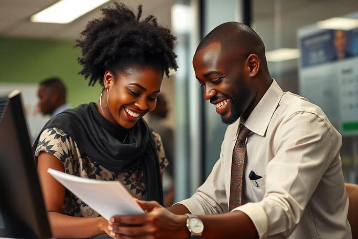 An AI generated image of a woman applying for a loan at a bank