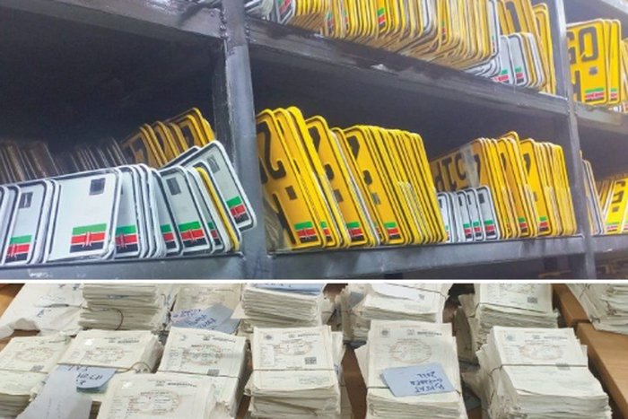 A photo of uncollected number plates and log books