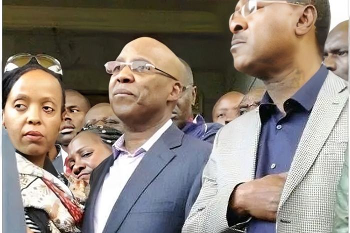 Jimi Wanjigi addressing the press alongside his wife Irene Nzisa Wanjigi after a raid at his Muthaiga home