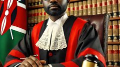 An AI-generated image of a dignified judge in a Kenyan court, dressed in traditional red and black robes, seated behind a large wooden desk