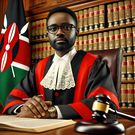 An AI-generated image of a dignified judge in a Kenyan court, dressed in traditional red and black robes, seated behind a large wooden desk
