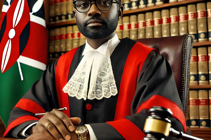 An AI-generated image of a dignified judge in a Kenyan court, dressed in traditional red and black robes, seated behind a large wooden desk