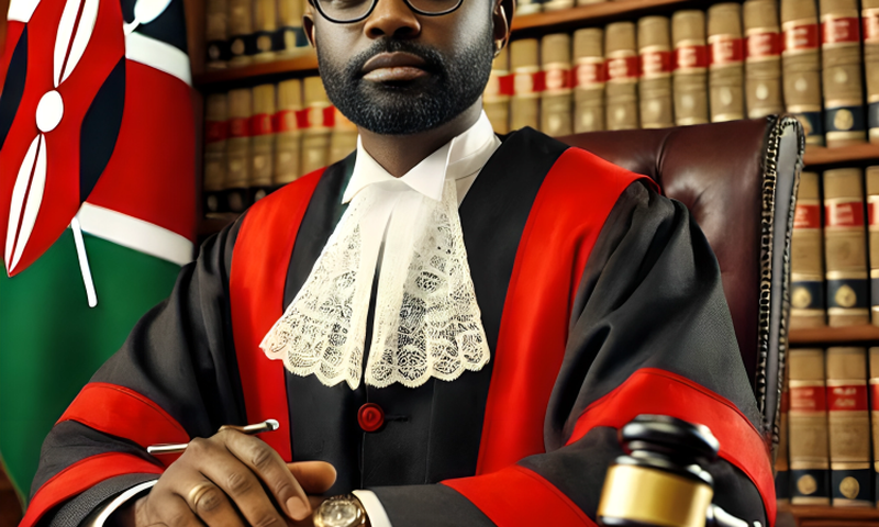 An AI-generated image of a dignified judge in a Kenyan court, dressed in traditional red and black robes, seated behind a large wooden desk