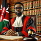 An AI-generated image of a dignified judge in a Kenyan court, dressed in traditional red and black robes, seated behind a large wooden desk