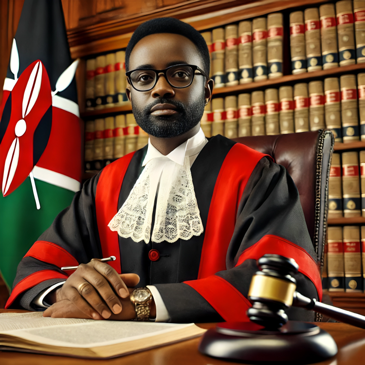 An AI-generated image of a dignified judge in a Kenyan court, dressed in traditional red and black robes, seated behind a large wooden desk