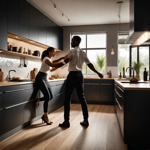 A landscape image of a black man hitting a woman in a modern kitchen
