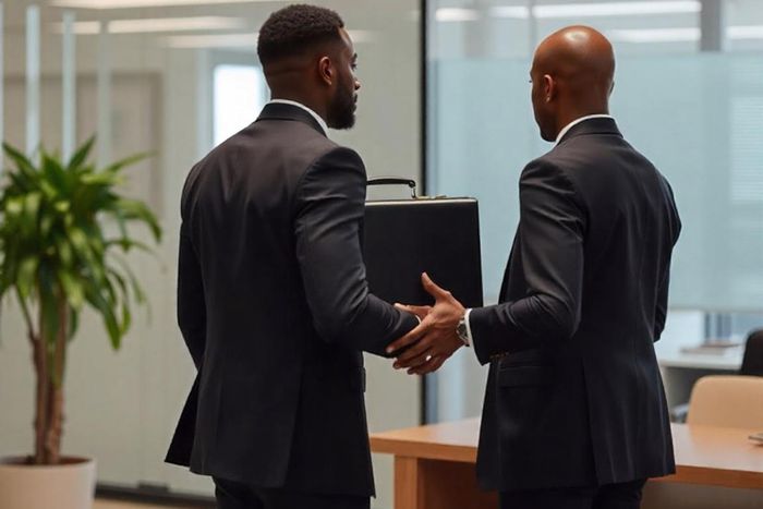 An AI generated image showing two black men exchanging a briefcase in an office