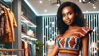 An AI-generated image of a Kenyan woman in her late 20s trying out new clothes in a chic clothing store