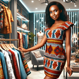 An AI-generated image of a Kenyan woman in her late 20s trying out new clothes in a chic clothing store