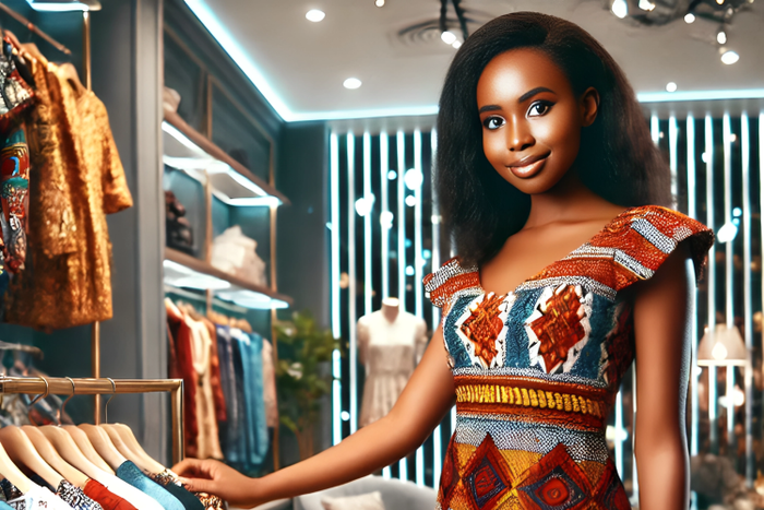 An AI-generated image of a Kenyan woman in her late 20s trying out new clothes in a chic clothing store