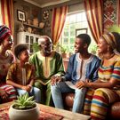 An African man in his thirties, warmly greeted by his in-laws in a beautifully decorated living room