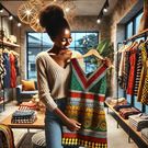 An AI-generated image of a Kenyan woman in her early 30s trying out new clothes in a fashionable boutique She is holding a vibrant, patterned dress in front of her body, look