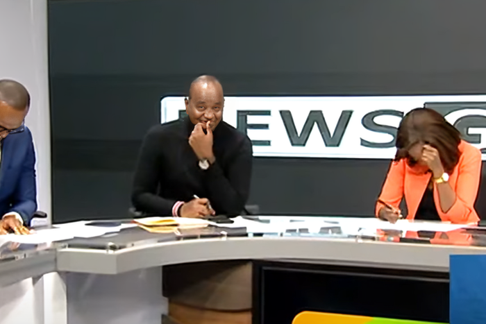 Sam Gituku, Linus Kaikai and Yvonne Okwara during News Gang show