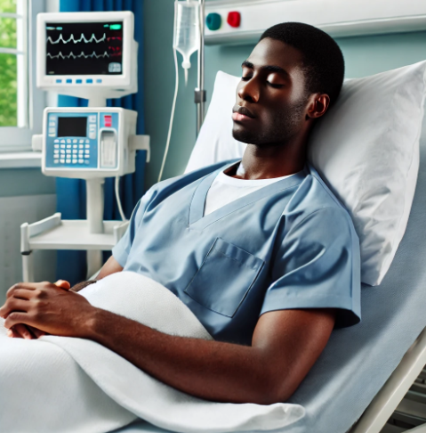 An AI-generated image of a man lying in a hospital bed