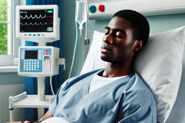 An AI-generated image of a man lying in a hospital bed