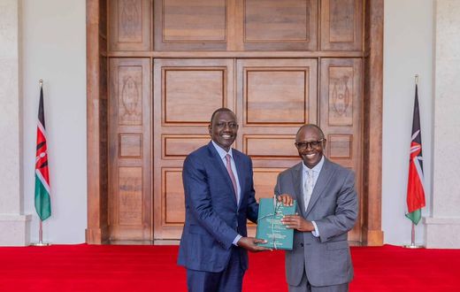 President William Ruto receives a report from the Hon. Rev. Mutava Musyimi the chairperson of The Presidential Taskforce on the Review of the Legal and Regulatory Framework Governing Religious Organisations in Kenya