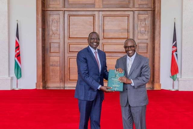 President William Ruto receives a report from the Hon. Rev. Mutava Musyimi the chairperson of The Presidential Taskforce on the Review of the Legal and Regulatory Framework Governing Religious Organisations in Kenya