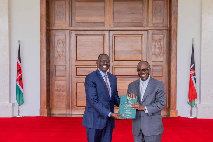 President William Ruto receives a report from the Hon. Rev. Mutava Musyimi the chairperson of The Presidential Taskforce on the Review of the Legal and Regulatory Framework Governing Religious Organisations in Kenya