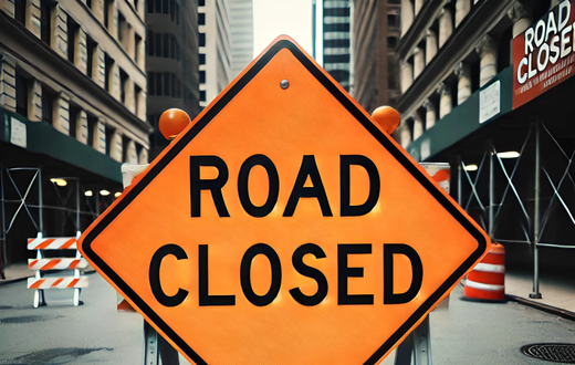 An AI-generated image of a road sign indicating that the road is closed