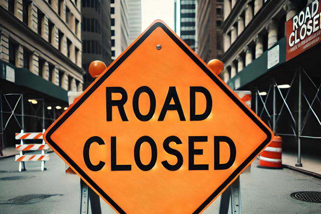 An AI-generated image of a road sign indicating that the road is closed