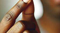 A close-up image of a Black man's hand holding a small, white pill between his thumb and forefinger, poised to take the medicine The background is so