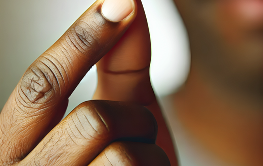 A close-up image of a Black man's hand holding a small, white pill between his thumb and forefinger, poised to take the medicine The background is so