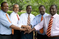 Joseph Njaga, Najib Balala, Raila Odinga, Musalia Mudavadi and William Ruto during a 'Pentagon' meeting in Nairobi