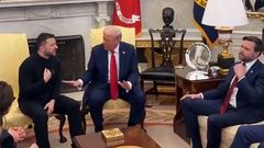 Ukrainian President Volodymyr Zelenski, his US President Donald Trump and Vice President J.D Vance at a meeting in the Oval Office in the Whitehouse on February 28, 2025