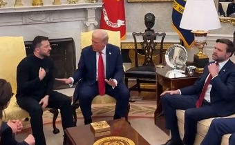 Ukrainian President Volodymyr Zelenski, his US President Donald Trump and Vice President J.D Vance at a meeting in the Oval Office in the Whitehouse on February 28, 2025