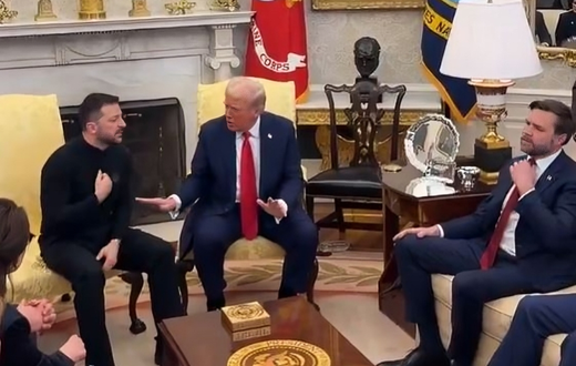 Ukrainian President Volodymyr Zelenski, his US President Donald Trump and Vice President J.D Vance at a meeting in the Oval Office in the Whitehouse on February 28, 2025