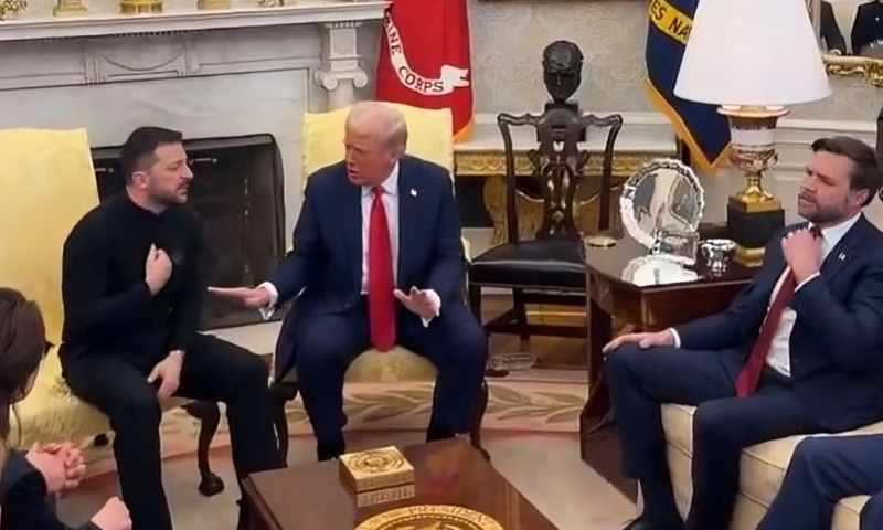 Ukrainian President Volodymyr Zelenski, his US President Donald Trump and Vice President J.D Vance at a meeting in the Oval Office in the Whitehouse on February 28, 2025