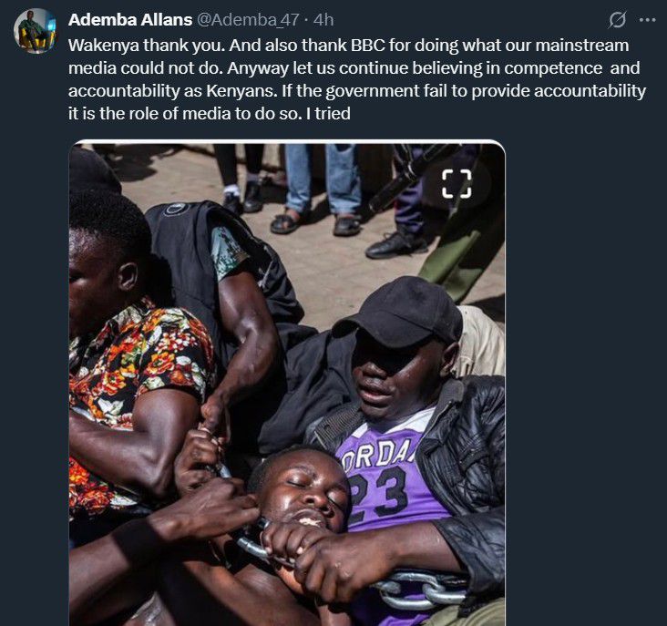 Capture of X post by journalist Allans Ademba