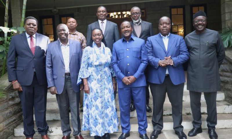 File image of opposition leaders Eugene Wamalwa, Rigathi Gachagua, Martha Karya, Kalonzo Musyoka, Fred Matiang’i and Mukhisa Kituyi on the front row. Justine Muturi and Mithika Linturi can also e seen on the second row.