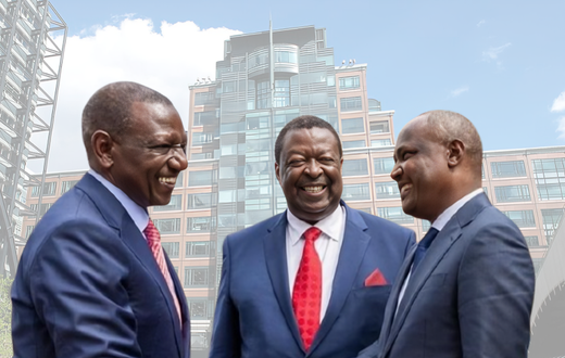 President William Ruto greets Treasury CS John Mbadi as Prime CS Musalia Mudavadi looks on